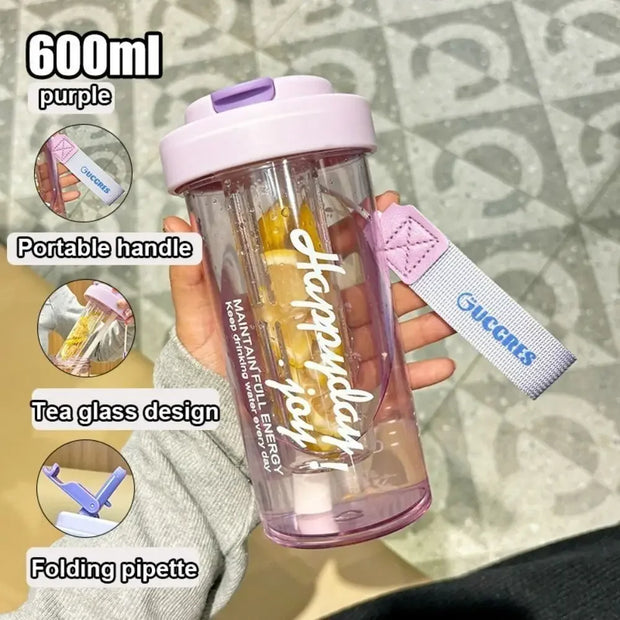 Portable Plastic Large Capacity Fruit Drink Bottles 600ml Water Bottle Transparent Folding Straw Water Bottle SummerWater Bottle