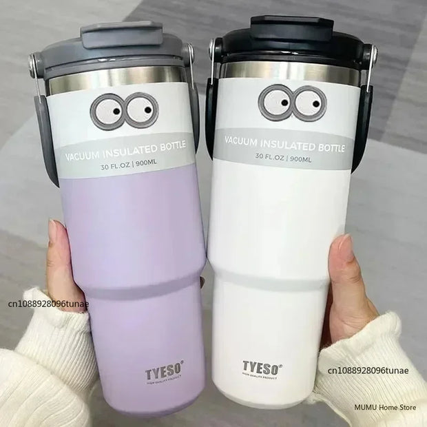 TYESO 600/750/900/1050/1200ML Car Water Bottle Stainless Steel Thermos Bottle with Straw Keeps Cold and Heat Thermal Coffee Mug