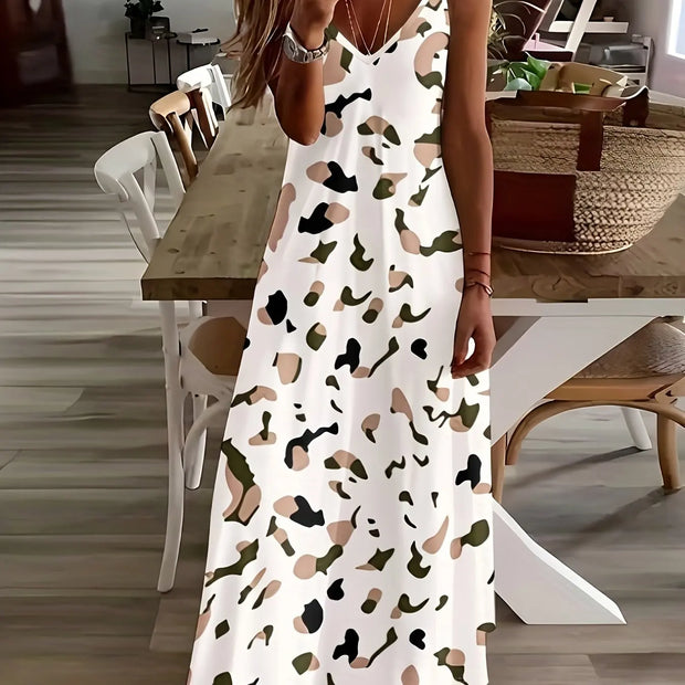 Summer New Fresh Flower Print V Neck Women's Long Skirt Women's Loose A-Line Dress Beach Resort Style Sexy Women's Long Skirt
