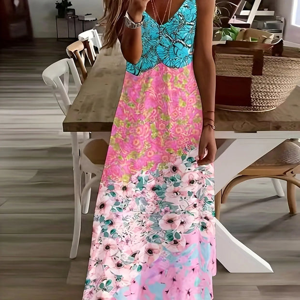Summer New Fresh Flower Print V Neck Women's Long Skirt Women's Loose A-Line Dress Beach Resort Style Sexy Women's Long Skirt