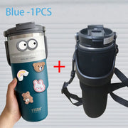 TYESO 600/750/900/1050/1200ML Car Water Bottle Stainless Steel Thermos Bottle with Straw Keeps Cold and Heat Thermal Coffee Mug