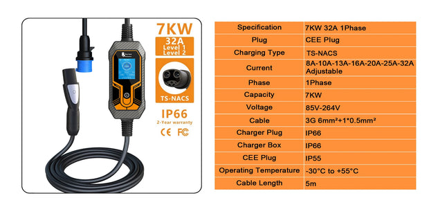 feyree EV Charger Type2 7KW 32A EVSE Portable Charging Box CEE Male Plug Type1 GB/T Cord 5M Charging Cable for Electric Vehicle