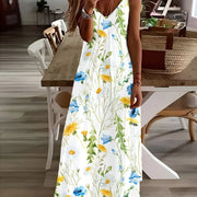 Summer New Fresh Flower Print V Neck Women's Long Skirt Women's Loose A-Line Dress Beach Resort Style Sexy Women's Long Skirt