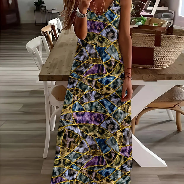 Summer New Fresh Flower Print V Neck Women's Long Skirt Women's Loose A-Line Dress Beach Resort Style Sexy Women's Long Skirt