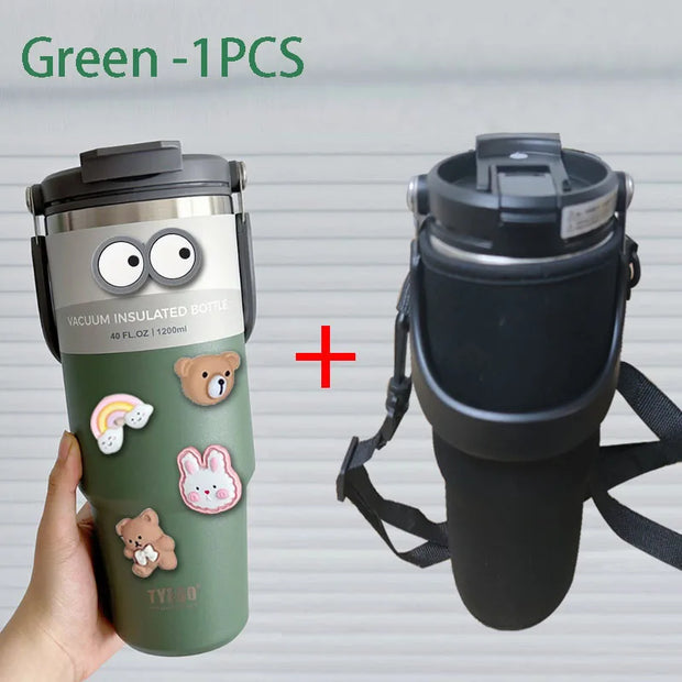 TYESO 600/750/900/1050/1200ML Car Water Bottle Stainless Steel Thermos Bottle with Straw Keeps Cold and Heat Thermal Coffee Mug