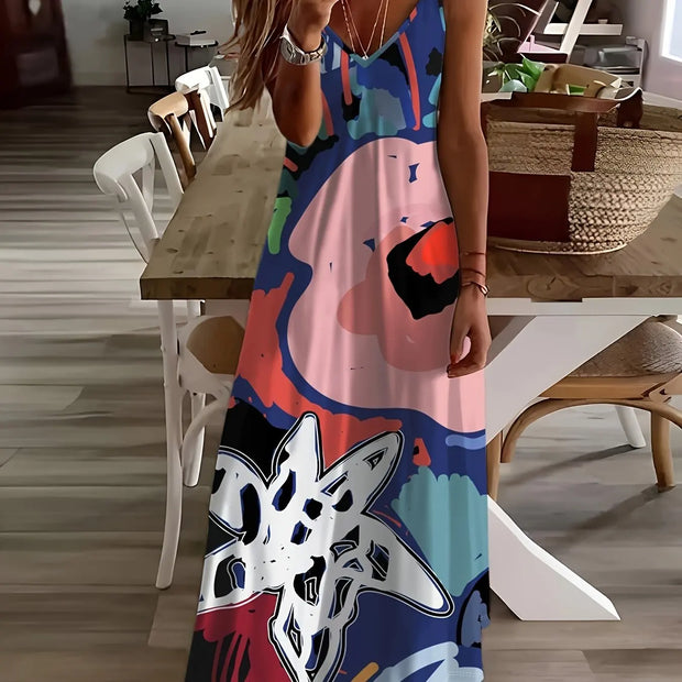 Summer New Fresh Flower Print V Neck Women's Long Skirt Women's Loose A-Line Dress Beach Resort Style Sexy Women's Long Skirt