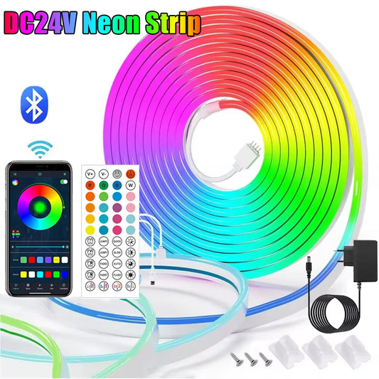 24V RGB Neon LED Strip Light Waterproof Neon Strip Music Sync Bluetooth App and Remote Control for Room Outdoors Decor Lighting