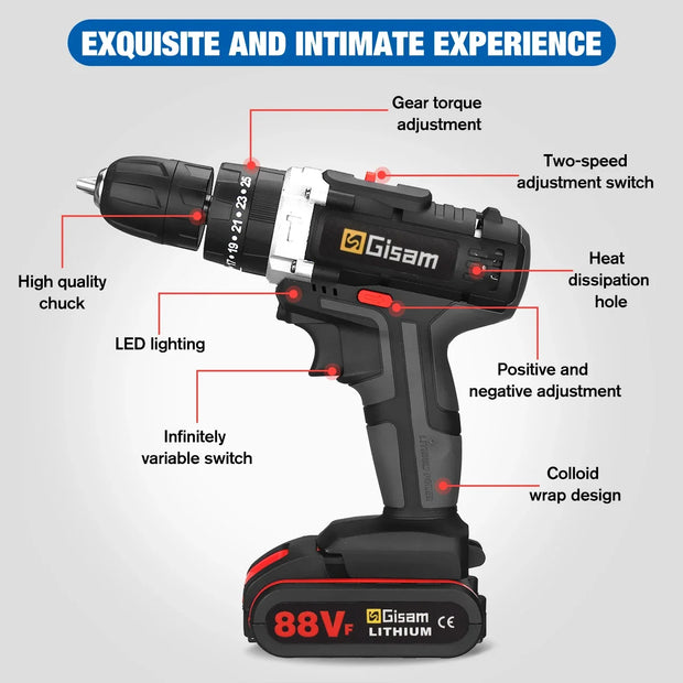 25+3 Torque Portable Cordless Power Drill Set Impact Screw Driver Electric Screwdriver with Rechargeable Battery Power Tool