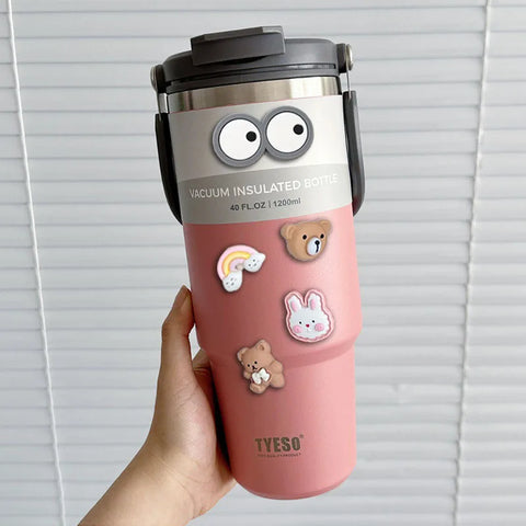 TYESO 600/750/900/1050/1200ML Car Water Bottle Stainless Steel Thermos Bottle with Straw Keeps Cold and Heat Thermal Coffee Mug