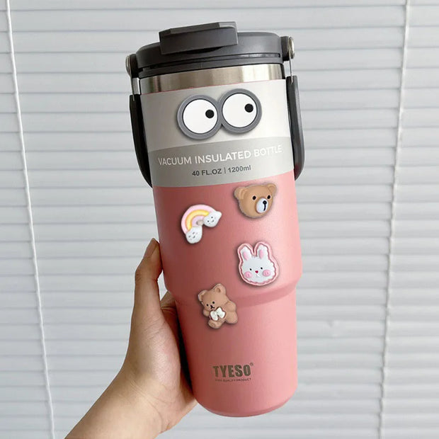 TYESO 600/750/900/1050/1200ML Car Water Bottle Stainless Steel Thermos Bottle with Straw Keeps Cold and Heat Thermal Coffee Mug