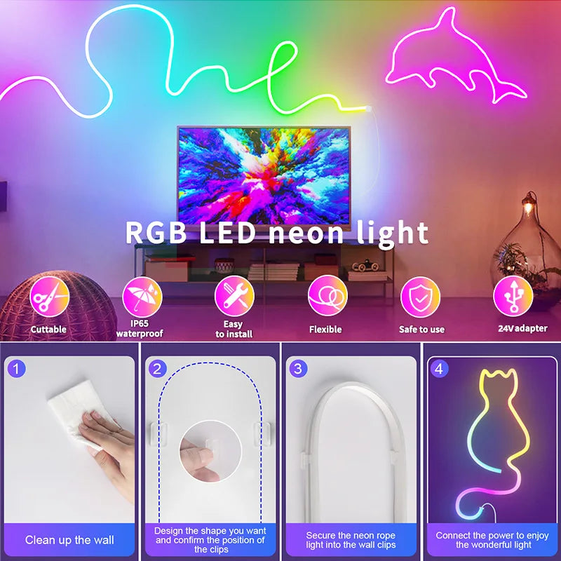 24V RGB Neon LED Strip Light Waterproof Neon Strip Music Sync Bluetooth App and Remote Control for Room Outdoors Decor Lighting