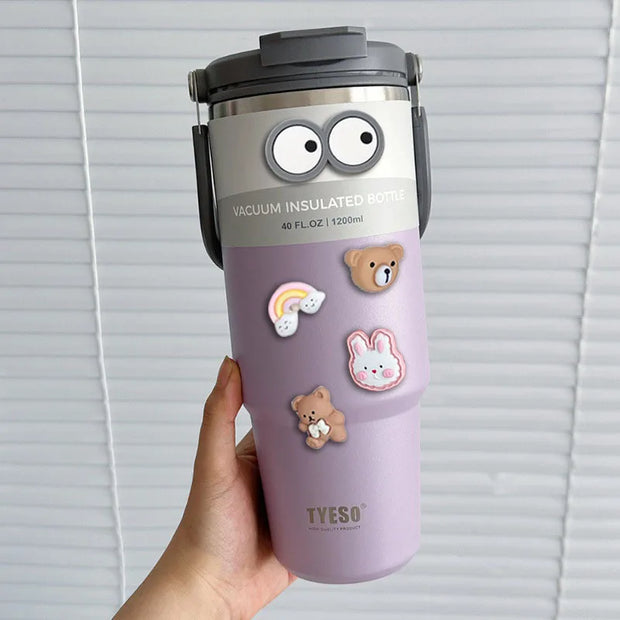 TYESO 600/750/900/1050/1200ML Car Water Bottle Stainless Steel Thermos Bottle with Straw Keeps Cold and Heat Thermal Coffee Mug