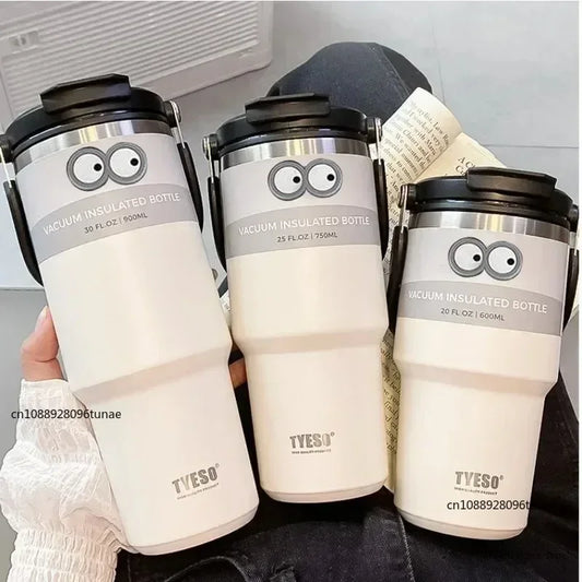 TYESO 600/750/900/1050/1200ML Car Water Bottle Stainless Steel Thermos Bottle with Straw Keeps Cold and Heat Thermal Coffee Mug