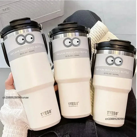 TYESO 600/750/900/1050/1200ML Car Water Bottle Stainless Steel Thermos Bottle with Straw Keeps Cold and Heat Thermal Coffee Mug