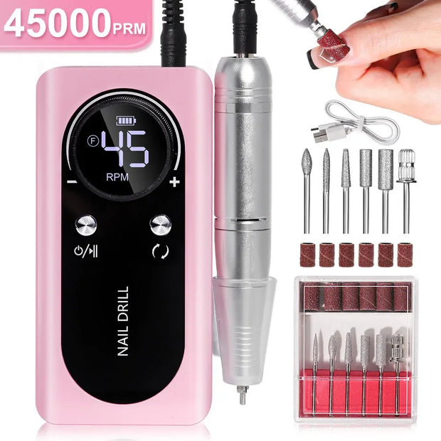 NEW Professional 45000RPM Electric Portable Nail Drill Machine Rechargeable Low Noise Nail Sander File for Manicure Salon Tool