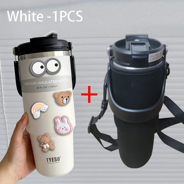TYESO 600/750/900/1050/1200ML Car Water Bottle Stainless Steel Thermos Bottle with Straw Keeps Cold and Heat Thermal Coffee Mug