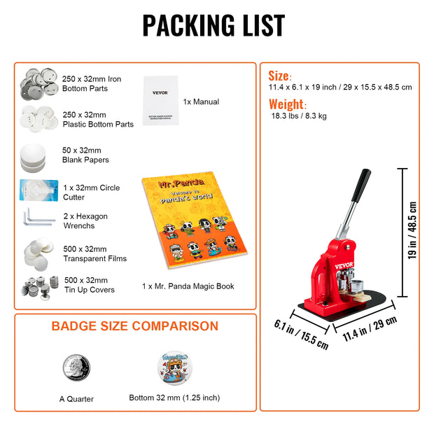 SucceBuy 25/32/58/75MM Badge Maker Machine DIY Button Pin with 500Pcs Free Parts Press Kit Circle Manufacture Button Making Tool