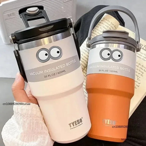 TYESO 600/750/900/1050/1200ML Car Water Bottle Stainless Steel Thermos Bottle with Straw Keeps Cold and Heat Thermal Coffee Mug