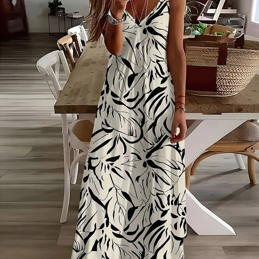 Summer New Fresh Flower Print V Neck Women's Long Skirt Women's Loose A-Line Dress Beach Resort Style Sexy Women's Long Skirt