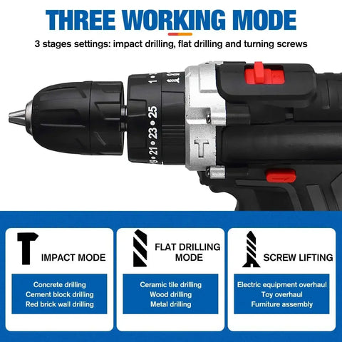 25+3 Torque Portable Cordless Power Drill Set Impact Screw Driver Electric Screwdriver with Rechargeable Battery Power Tool