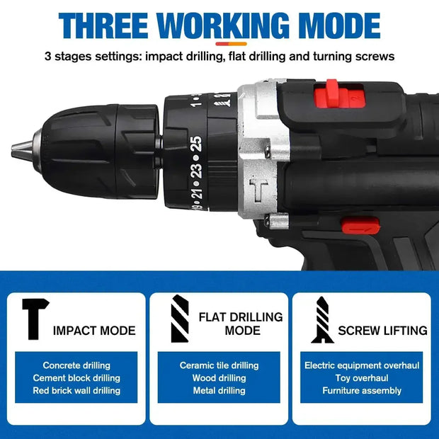 25+3 Torque Portable Cordless Power Drill Set Impact Screw Driver Electric Screwdriver with Rechargeable Battery Power Tool