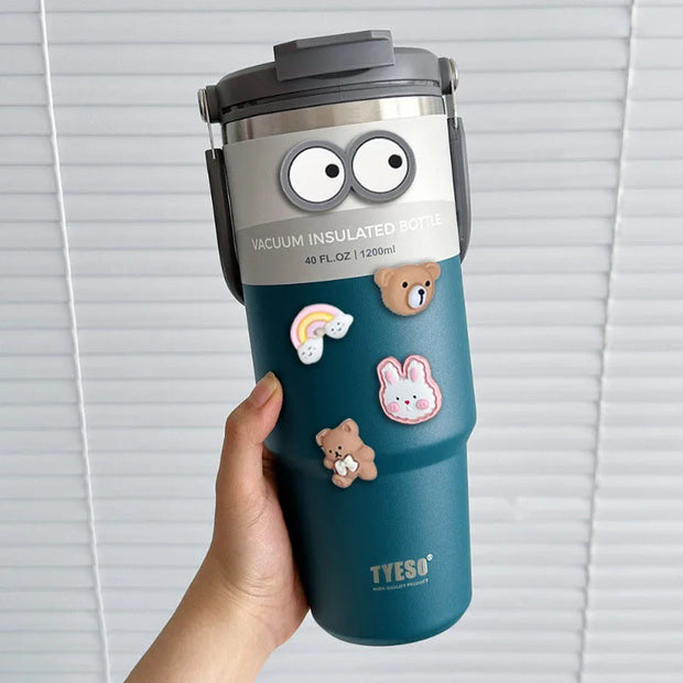 TYESO 600/750/900/1050/1200ML Car Water Bottle Stainless Steel Thermos Bottle with Straw Keeps Cold and Heat Thermal Coffee Mug