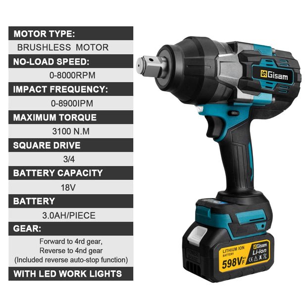 Gisam 3100N.M High Torque Brushless Electric Impact Wrench 3/4 inch Cordless Electric Wrench Tools For Makita 18V Battery Pin